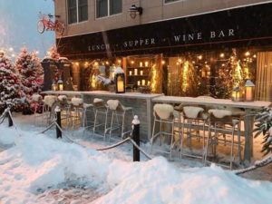 Snowy exterior view of the Bicycle Thief Restaurant