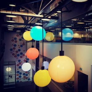 Coloured Hanging Lights from ceiling at Discovery Centre