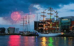 Tall Ship Gulden Leeuw with fireworks in background