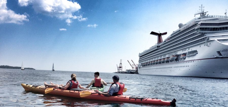 People Kayaking in harbour near cruise ship