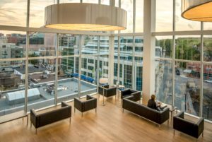 Elevated view of office building lobby