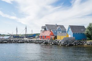 Pictou waterfront showing colourful buildings and Hector sailing ship