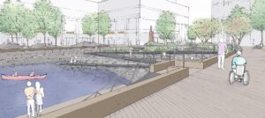 Perspective hand-drawn sketch showing what the public spaces surrounding the Cunard development will look like. This sketch is shown in more detail further down the page.