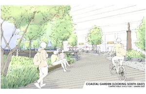 Perspective hand-drawn sketch showing what the public spaces surrounding the Cunard development will look like. This sketch shows the view southeast from near the head of the Cunard inlet, with the main path of travel along the boardwalk in the foreground. People are walking, cycling, and sitting on benches along the boardwalk. Trees, grass, and stone landscaping are visible on both sides of the boardwalk. A piece of public art, a statue on a pedestal, is visible on the right-hand side of the image. The new Cunard building and a sliver of Halifax Harbour are visible in the background.