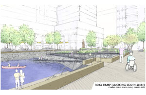 Perspective hand-drawn sketch showing what the public spaces surrounding the Cunard development will look like. This sketch shows the view from near the Bicycle Thief restaurant at Bishop’s Landing, looking southwest towards the new Cunard building. In view are a section of the existing waterfront boardwalk and a gangway down to some floating docks, on which two people are standing. A red canoe floats nearby. At the head of the Cunard inlet, a new switchback ‘Tidal Ramp’ down to the harbour has been installed over an existing rocky slope. The background of the image shows a variety of trees and buildings, and a piece of public art in the distance next to the Cunard building.
